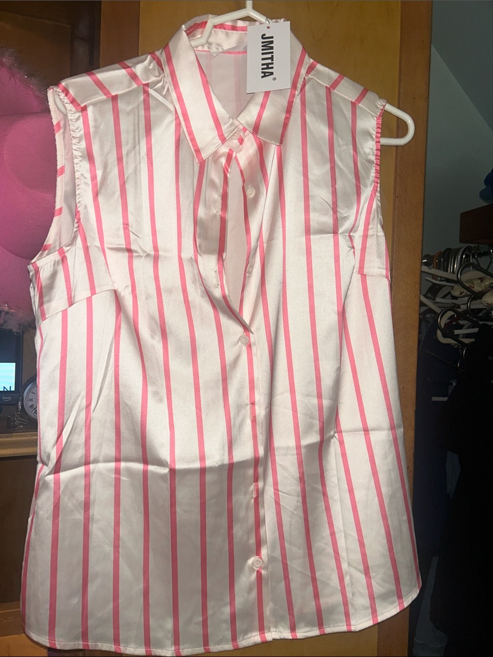 Sleeveless Pink Stripe Satin Shirt